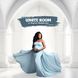 May include: A pregnant person in a light blue strapless gown with a flowing train stands in a white room with arched doorways. The text "WHITE ROOM 12 Digital Backdrops by FOTOFAMA" is written in blue on a gray background.