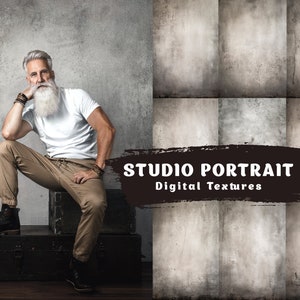 May include: A set of nine digital textures featuring a variety of gray and white concrete backgrounds. The textures are perfect for use in photo editing and graphic design. The text "STUDIO PORTRAIT Digital Textures" is displayed on the image.