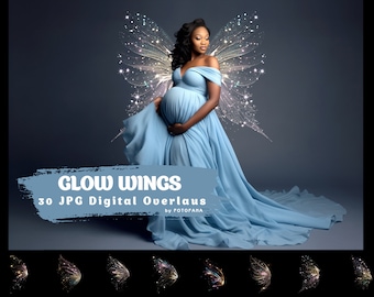 May include: 30 digital overlays of glowing fairy wings in various colours and designs. The wings are transparent and have a sparkle effect.  The overlays are perfect for adding a magical touch to photos.
