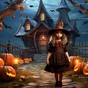 Halloween Digital Backdrop Spooky Haunted House Background Halloween Autumn Path Overlay with Pumpkins Halloween Composite Instant Download