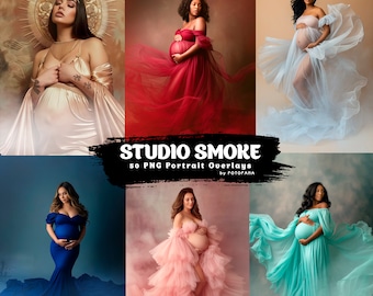 May include: A collection of 50 PNG portrait overlays featuring studio smoke effects. The overlays are designed to add a dramatic and ethereal touch to portraits. The images show pregnant women in various poses and dresses, with the smoke swirling around them.