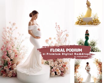 Floral Podium Digital Backdrops for Spring Maternity Photography, Fine Art Photoshop Backgrounds, Studio Photo Backdrop Overlays for Editing