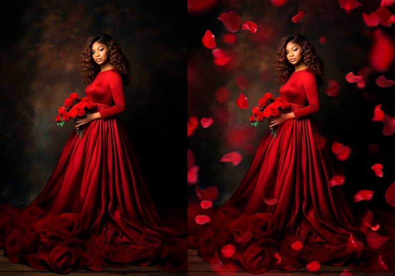 May include: A woman in a red gown holds a bouquet of red roses. The background is a dark brown with red rose petals falling from the top.
