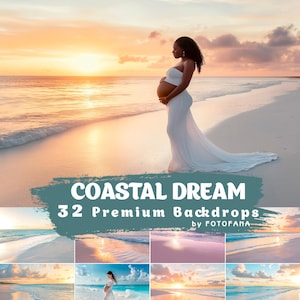 Peut inclure: Une personne enceinte vêtue d'une robe blanche se tient sur une plage au coucher du soleil. L'image fait partie d'une collection de 32 arrière-plans premium sur le thème côtier. Le texte "COASTAL DREAM" est affiché sur un fond turquoise.