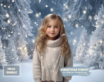 May include: A young girl with long blonde hair wearing a white turtleneck sweater stands in front of a snowy forest backdrop. The background features white trees with twinkling lights and a light blue sky with falling snow. The text "CHRISTMAS FOREST 30 Digital Backdrops by FOTOFANA" is at the bottom of the image.