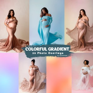 Puede incluir: Un conjunto de 20 superposiciones de fotos digitales con degradados coloridos en varios tonos de rosa, azul y morado. Las superposiciones están diseñadas para agregar un efecto suave y de ensueño a las fotos, especialmente a las fotos de maternidad.