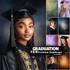 以下が含まれることがあります： 黒い卒業帽子とガウンを着た人物。画像には、卒業の背景のコラージュと「GRADUATION 120 Premium Backdrops」というテキストが含まれています。