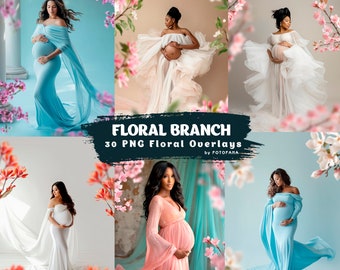 Floral Branch Backdrops Overlays Flower Branch Digital Overlays Maternity Backdrops Overlays Blurred Branch Overlay for Photoshop Composite