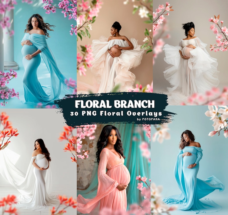 May include: A collection of 30 PNG floral branch overlays for digital editing. The overlays feature delicate pink blossoms and green leaves. The overlays are perfect for adding a touch of natural beauty to your photos.