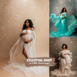 May include: Three pregnant women wearing flowing white and turquoise gowns with a sparkling background. The text "Celestial Dust 15 PNG Overlays by FOTOPARA" is at the bottom of the image.