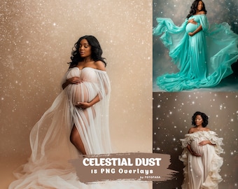 May include: Three pregnant women wearing flowing white and turquoise gowns with a sparkling background. The text "Celestial Dust 15 PNG Overlays by FOTOPARA" is at the bottom of the image.