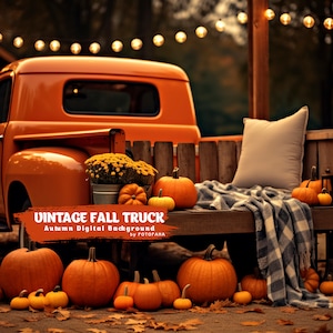 Autumn Digital Background Vintage Fall Truck Orange Truck Pumpkins Fall Digital Backdrop for Photography Fall Backdrop Photoshop Composite