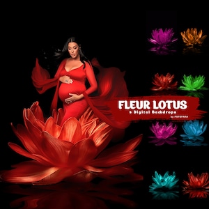 Könnte beinhalten: Eine schwangere Frau in einem roten Kleid steht vor einer großen roten Lotusblume. Das Bild ist Teil eines Sets von 9 digitalen Hintergründen namens "Fleur Lotus" von Fotofara.