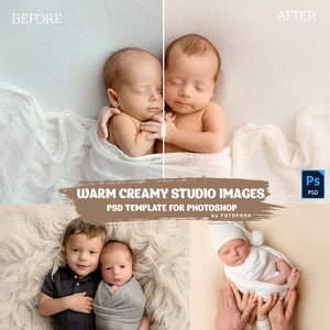 Könnte beinhalten: Ein Vorher-Nachher-Bild, das die Auswirkungen einer Fotobearbeitungsvorlage zeigt. Das Vorher-Bild zeigt zwei Babys, die in weißes Stoff gewickelt sind, während das Nachher-Bild die gleichen Babys mit wärmeren, cremigeren Hauttönen und einem lebendigeren Hintergrund zeigt.