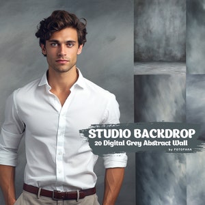 Peut inclure: Un homme portant une chemise blanche boutonnée et un pantalon marron se tient devant un fond gris. Le texte "STUDIO BACKDROP 20 Digital Grey Abstract Wall by FOTOFANA" est affiché sur l'image.