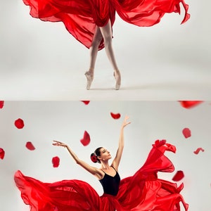 May include: A ballerina wearing a red dress and pointe shoes dances with her arms raised. Red rose petals fall around her.