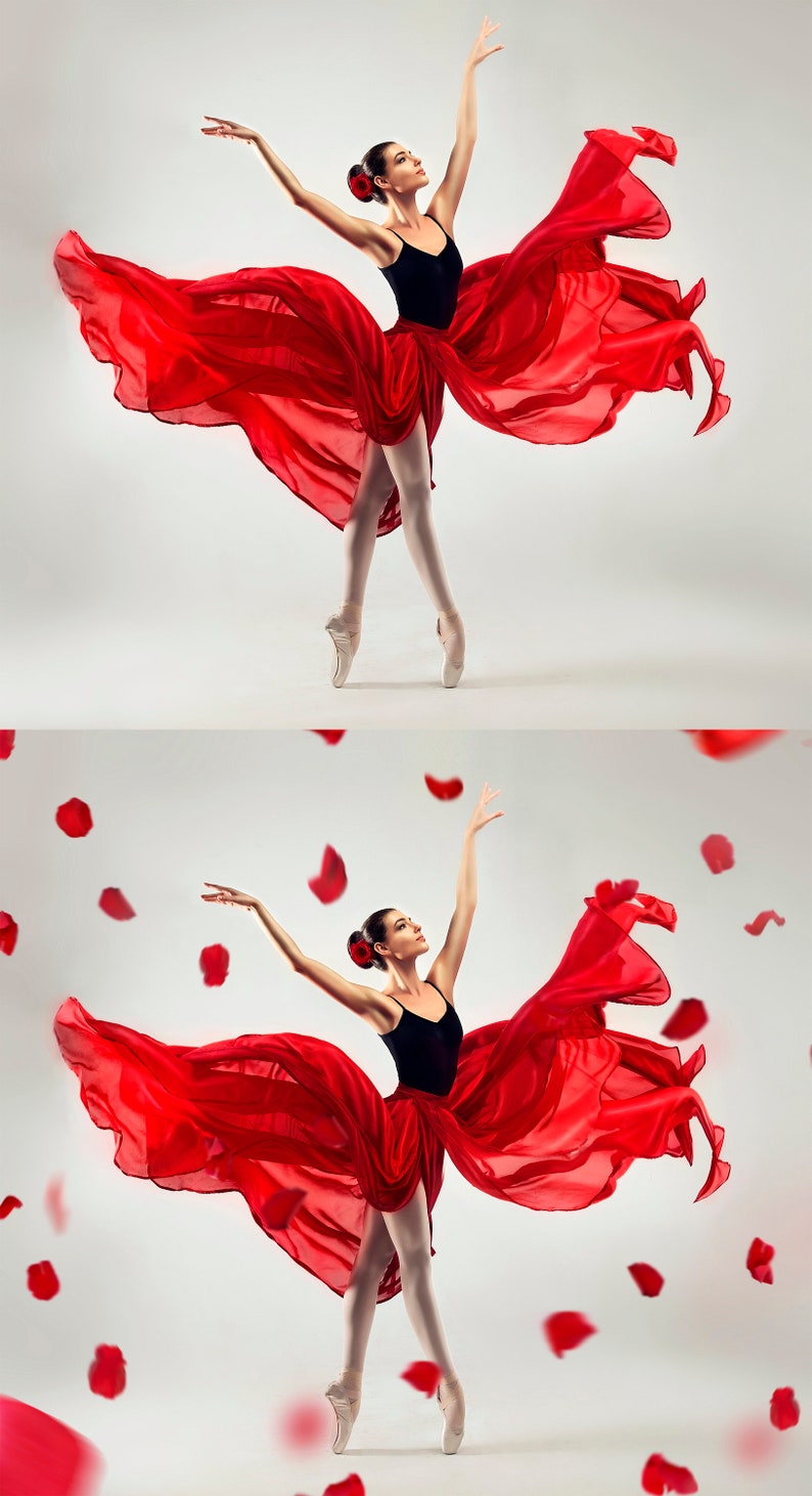 May include: A ballerina wearing a red dress and pointe shoes dances with her arms raised. Red rose petals fall around her.