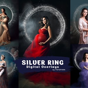 Op de afbeelding: Vier zwangere vrouwen in verschillende poses met een zilveren ring-overlay-effect. De overlays zijn glinsterend en hebben een zachte, etherische gloed. De tekst "SILVER RING Digital Overlays by FOTOFAMA" staat onderaan de afbeelding.