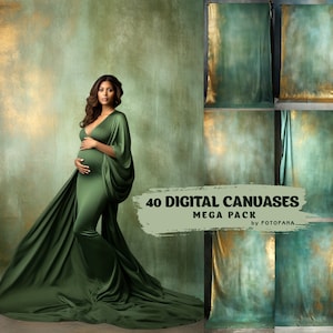 Könnte beinhalten: Eine schwangere Frau in einem langen, fließenden grünen Kleid posiert vor einem strukturierten Hintergrund in Grün und Gold. Der Text "40 DIGITAL CANVASES MEGA PACK by FOTOFAHA" ist im Bild sichtbar.