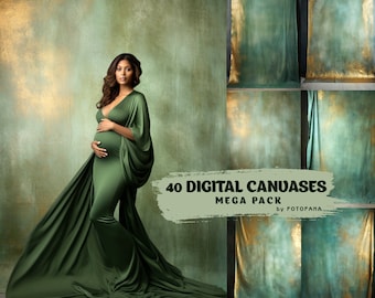 May include: A pregnant woman in a long, flowing green dress poses in front of a green and gold textured backdrop. The text "40 DIGITAL CANVASES MEGA PACK by FOTOFAHA" is visible in the image.