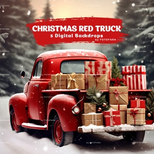 Christmas Digital Backdrop Composite Red Truck Snow Christmas Digital Background Outdoor Christmas Portrait Family Kids Pets Vintage Overlay