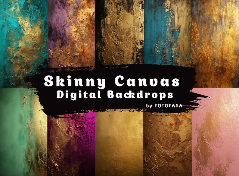 May include: A set of 10 digital backdrops featuring textured canvas backgrounds in various colors, including teal, gold, purple, pink, and green. The text "Skinny Canvas Digital Backdrops by FOTOFANA" is displayed at the bottom of the image.