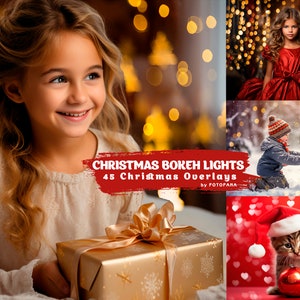 May include: A collage of images featuring a young girl holding a wrapped gift, a girl in a red dress standing in front of a sparkling background, a boy building a snowman, and a kitten wearing a Santa hat and holding a red ornament. The text "CHRISTMAS BOKEH LIGHTS 45 Christmas Overlays by FOTOPARA" is displayed in red.