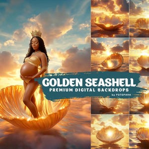 Puede incluir: Una persona embarazada con corona y bikini dorados se encuentra en una concha dorada frente a una puesta de sol. La imagen está etiquetada como "GOLDEN SEASHELL PREMIUM DIGITAL BACKDROPS by FOTOPANA" e incluye varias imágenes de conchas.