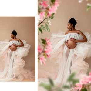 May include: A pregnant person wearing a white and pink tulle gown with a ruffled skirt. The person is standing in front of a light brown background.