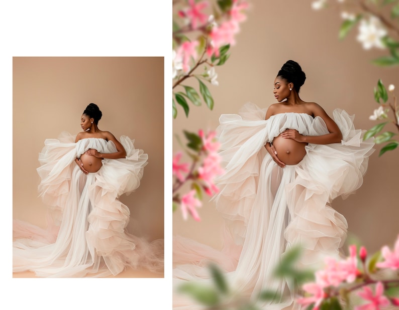 May include: A pregnant person wearing a white and pink tulle gown with a ruffled skirt. The person is standing in front of a light brown background.