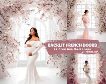 French Doors Floral Digital Backdrops for Wedding and Maternity Photography, Fine Art Photoshop Backgrounds, Garden Photo Studio Overlays