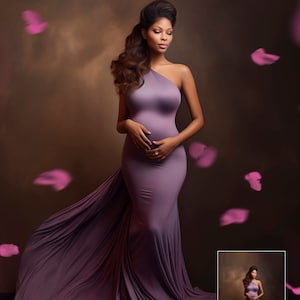 May include: A woman wearing a lavender one-shoulder maternity gown with a flowing train. The gown is form-fitting, accentuating the figure. The background is a dark brown with pink petal accents. The woman has dark hair styled in an updo.
