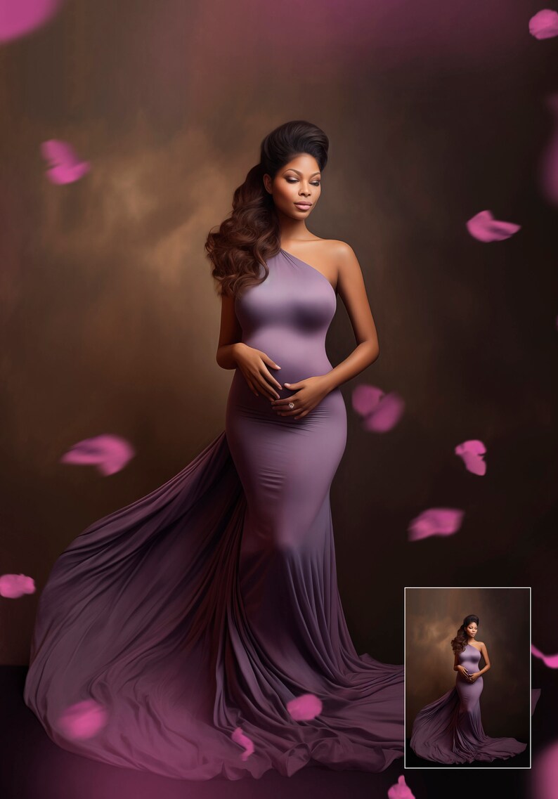 May include: A woman wearing a lavender one-shoulder maternity gown with a flowing train. The gown is form-fitting, accentuating the figure. The background is a dark brown with pink petal accents. The woman has dark hair styled in an updo.