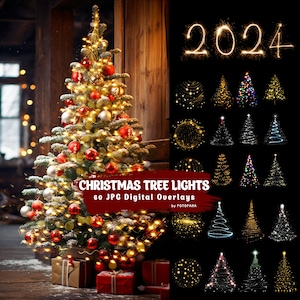 May include: A decorated Christmas tree with red and silver ornaments and white lights. The tree is in front of a wooden wall. The image also includes 60 digital overlays of Christmas tree lights in various shapes and sizes, including a 2024 design.