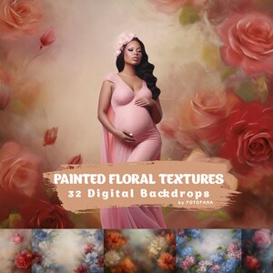 May include: A collection of 32 digital floral backdrops, featuring painted roses in various shades of pink and red. The backdrops are ideal for photographers and graphic designers looking to create beautiful and unique images.