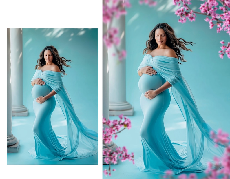 May include: A pregnant woman in a light blue maternity gown with a flowing chiffon cape, standing in front of a blue background with white columns. The woman is holding her belly and looking down.