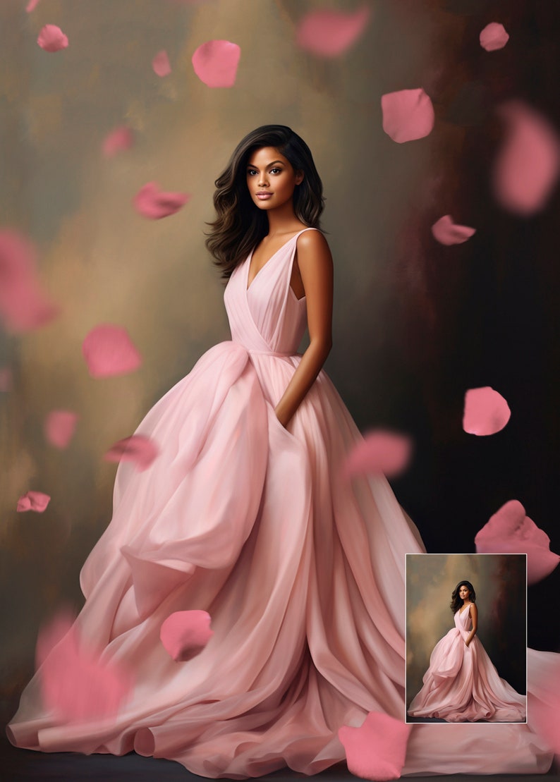 May include: A portrait of a person wearing a flowing, pale pink gown with a V-neckline and pockets. Pink rose petals float around the figure against a blurred, dark background. A smaller image of the person in the dress is in the bottom right corner.