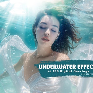 Puede incluir: Una mujer con los ojos cerrados está sumergida en el agua. Lleva un vestido blanco y su cabello fluye a su alrededor. El agua es de color azul claro y hay burbujas a su alrededor. El texto "UNDERWATER EFFECT 70 JPG Digital Overlays by FOTOFAHA" está en la parte inferior de la imagen.