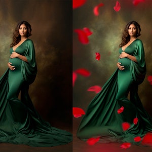 May include: A pregnant person in a long, emerald green gown with a flowing train. The gown has a deep V-neckline and long sleeves. The person is standing in front of a brown background with red rose petals falling around them.