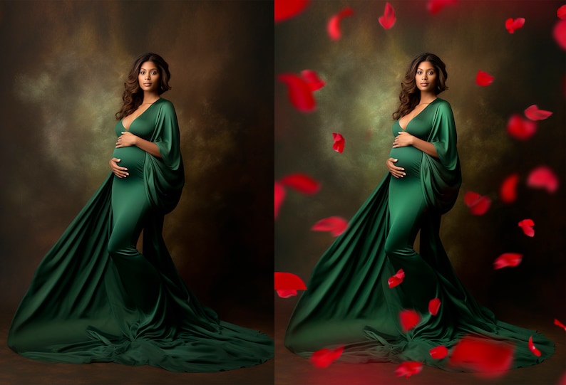 May include: A pregnant person in a long, emerald green gown with a flowing train. The gown has a deep V-neckline and long sleeves. The person is standing in front of a brown background with red rose petals falling around them.