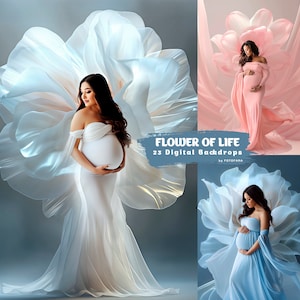 Pode incluir: Três fundos digitais com uma mulher grávida em um vestido branco, rosa e azul em pé na frente de uma grande flor. O texto "FLOWER OF LIFE 23 Digital Backdrops by FOTOFARA" está na parte inferior da imagem.