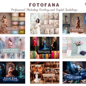 May include: A collage of digital backdrops for photographers, featuring a variety of styles, including floral, neutral, smoke, canvas, rustic, and fabric. The backdrops are designed to be used in Photoshop and are perfect for creating professional-looking images.