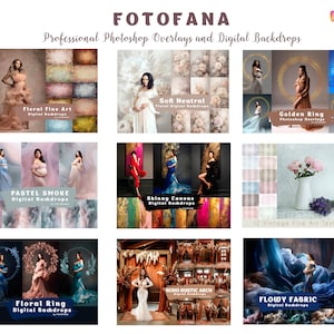 May include: An advertisement for Fotofana digital backdrops and Photoshop overlays. The image showcases various themes, including floral, smoke, and fabric designs. The text includes "Professional Photoshop Overlays and Digital Backdrops."