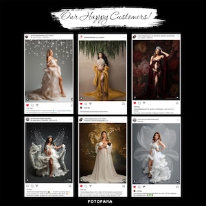 May include: A collage of nine Instagram posts showcasing maternity photography. Each image features a pregnant woman in a flowing gown, with various backdrops and poses. The images are captioned with the photographer's name and a short message.