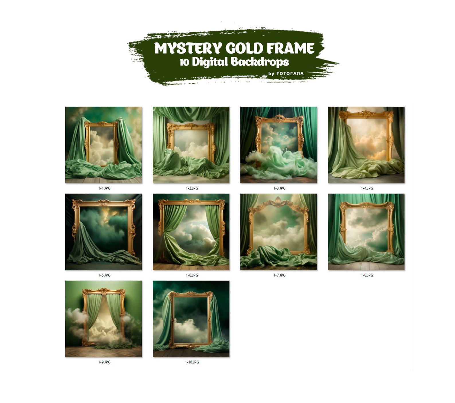 10 Mystery Gold Frame Digital Backdrops Maternity Overlays Silk Fabric ...