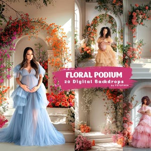 Floral Podium Digital Backdrop Overlays for Newborn Photography, Fine Art Photoshop Backgrounds, Baby Portrait Photo Editing Backdrops