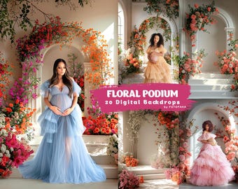Floral Podium Digital Backdrop Overlays for Newborn Photography, Fine Art Photoshop Backgrounds, Baby Portrait Photo Editing Backdrops