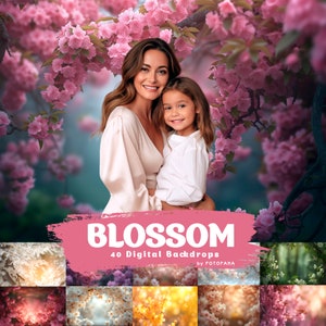 Puede incluir: Una colección de 40 fondos digitales con imágenes de flores de cerezo rosas, blancas y amarillas. La colección se llama "Blossom" de Fotofana.