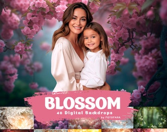 May include: A digital backdrop collection featuring 40 images of pink, white, and yellow cherry blossoms. The collection is called "Blossom" by Fotofana.