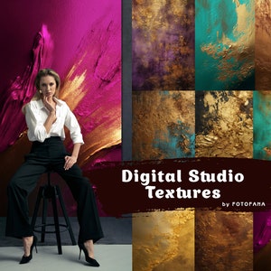 May include: A collection of digital studio textures in various colors, including gold, teal, purple, and magenta. The textures have a painted, abstract style. The image also features a person wearing a white shirt and black pants.
